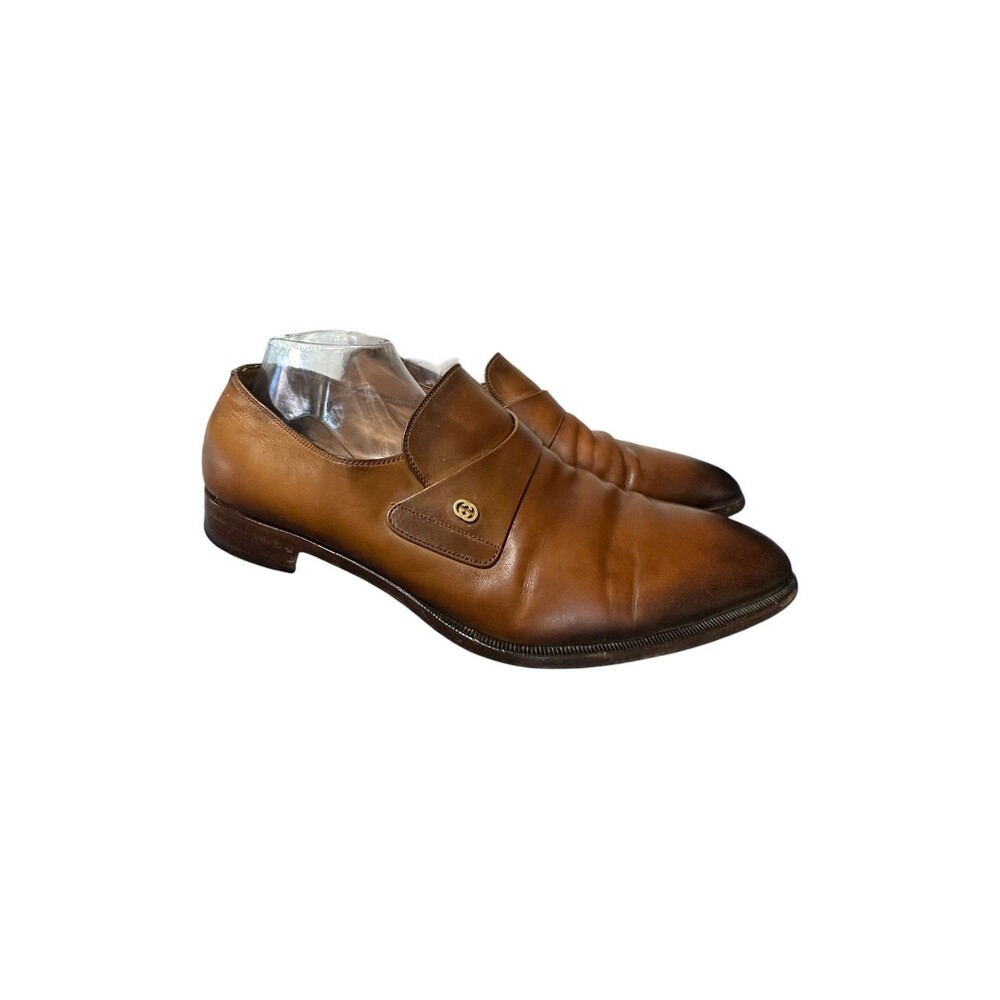 Gucci Calfskin Leather Interlocking G Slip-On Loafers Brown Mens Sz 12 US Italy